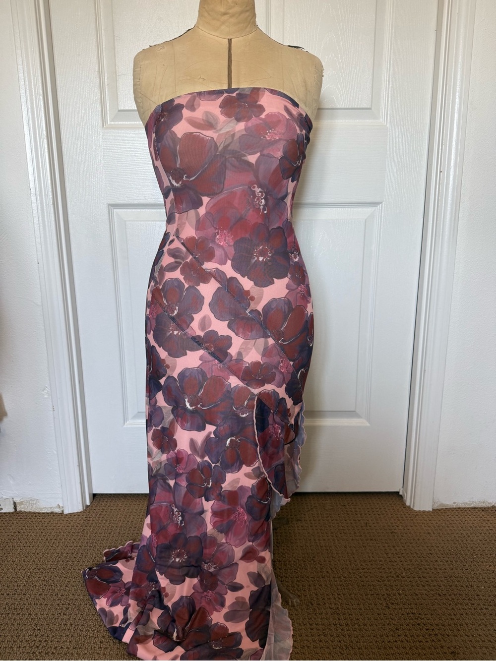 Tiger Mist Strapless Floral Column Dress in Blush Pink and Plum